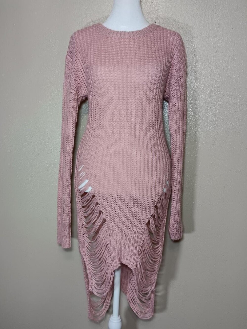 Fairy Grunge Pink Knit Sweater Distressed Fringe Dress Size Large, Thrashed